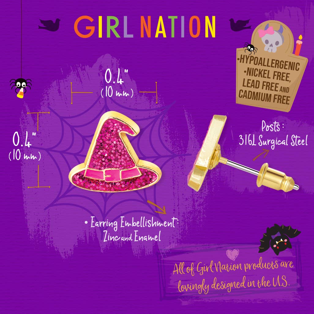 Glitter Witch Hat | Halloween | Stud Earrings for Girls