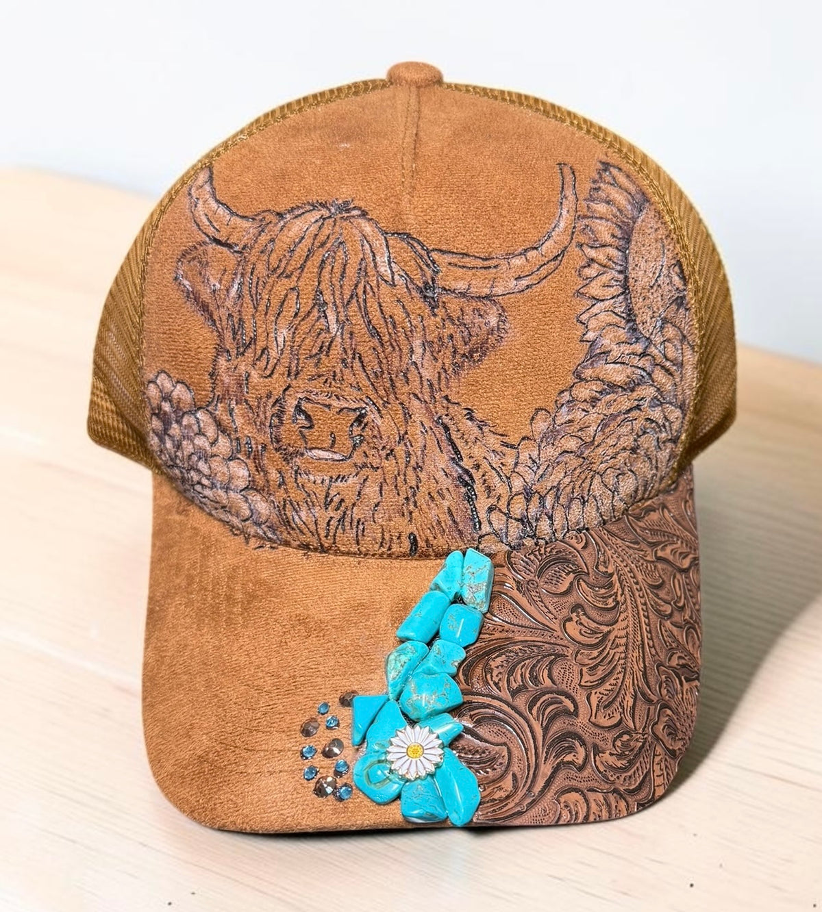 Hand-Burned Highland Cow Vegan Suede Mesh-Back Snapback Hat