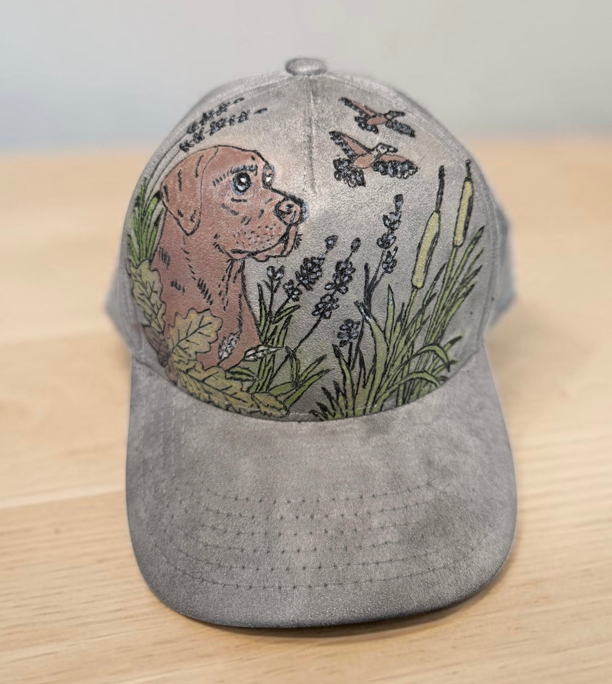 Hand-Burned & Hand-Painted Fall Lab Hunting Vegan Suede Solid-Back Snapback Hat