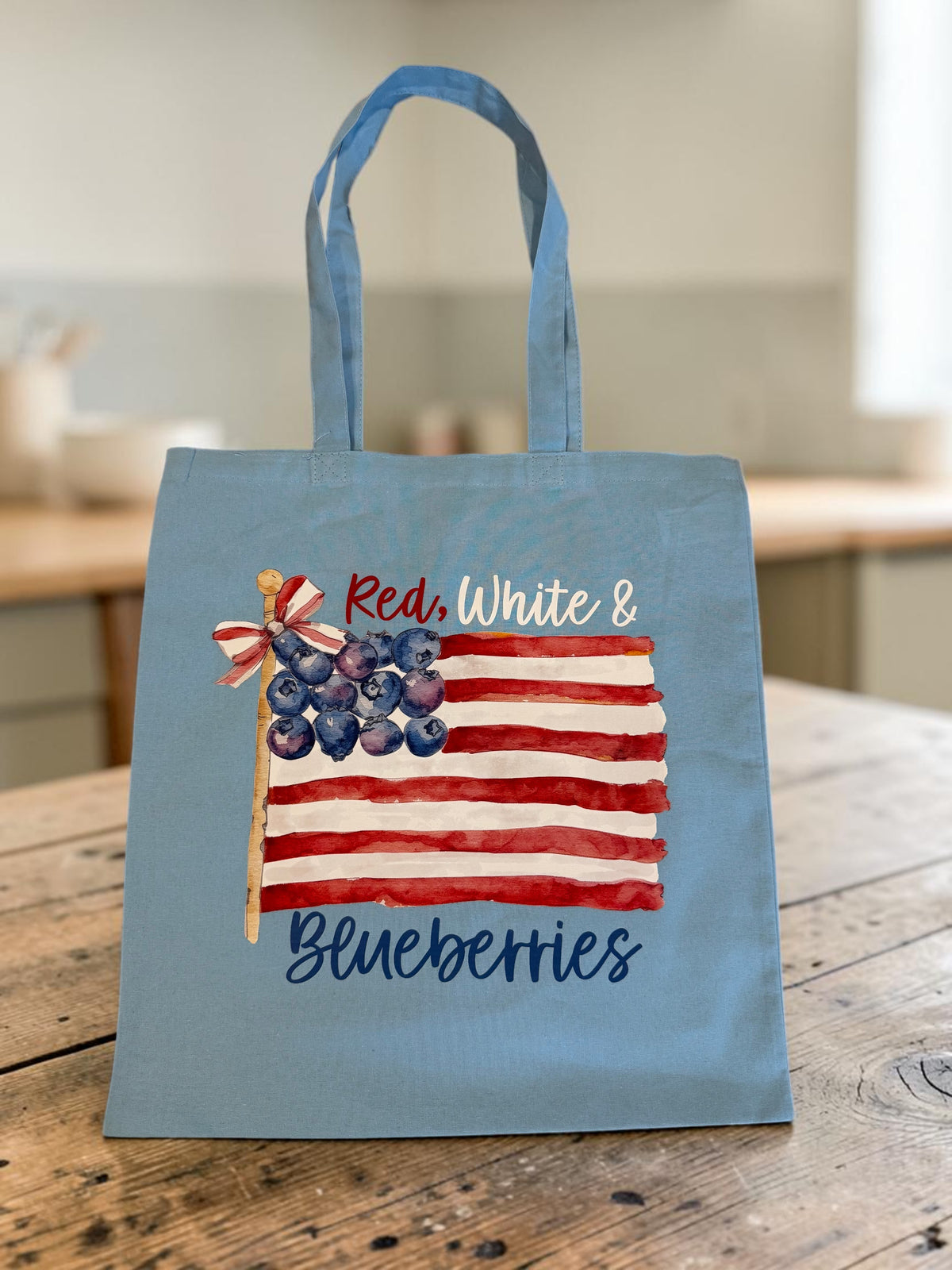 Red White and Blueberries Cotton Tote Bag (Light Blue)
