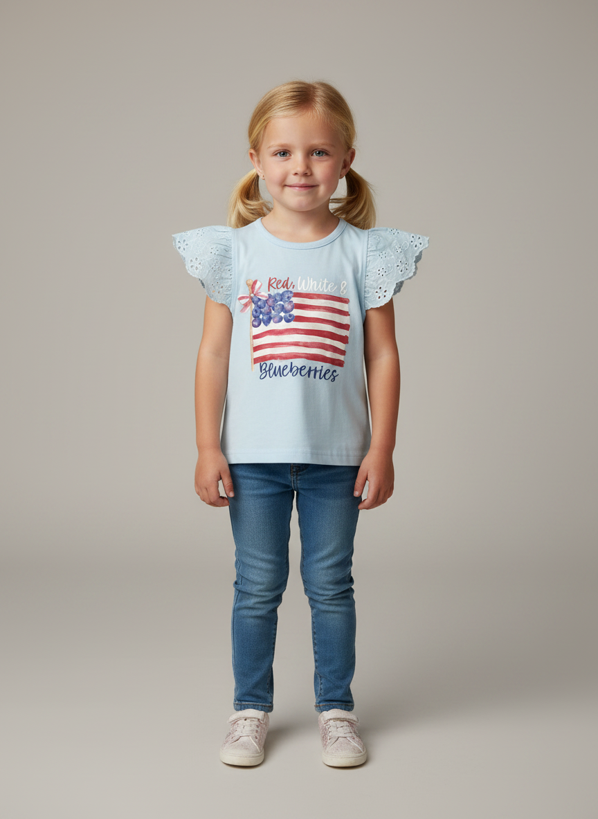 Red, White & Blueberries Kids Ruffle Sleeve Shirt (Light Blue) – Manually Distressed Design