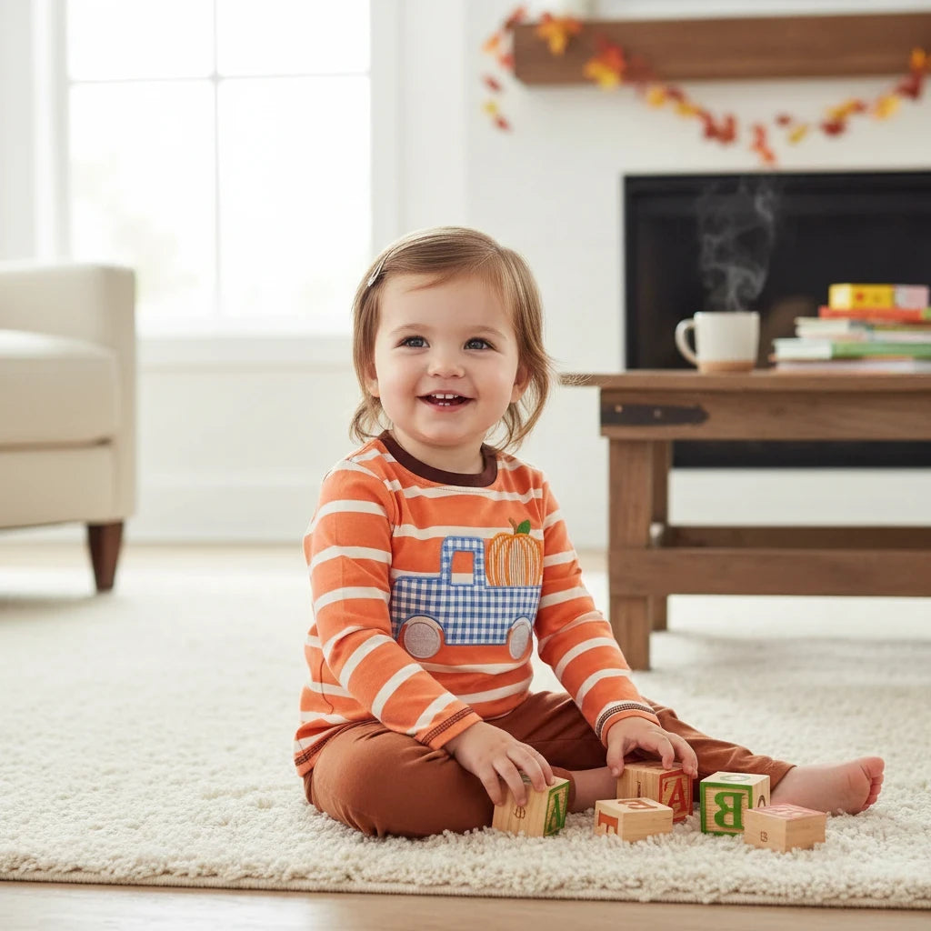 Seaside Custom Apparel & Gifts boys long sleeve orange striped shirt with embroidered pumpkin truck, worn by toddler.