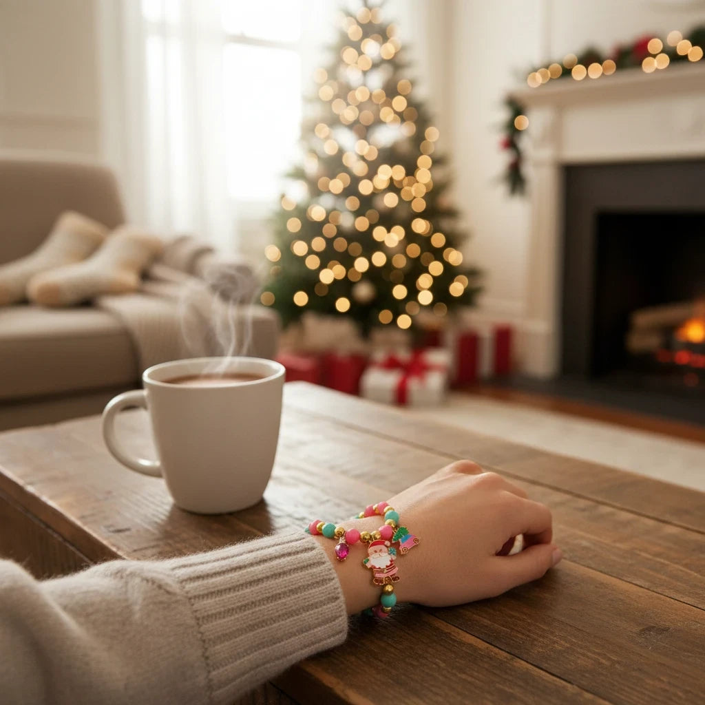 Seaside Custom Apparel & Gifts Christmas Cheer bracelet with Santa and holiday charms on a wrist by a cozy fireplace.