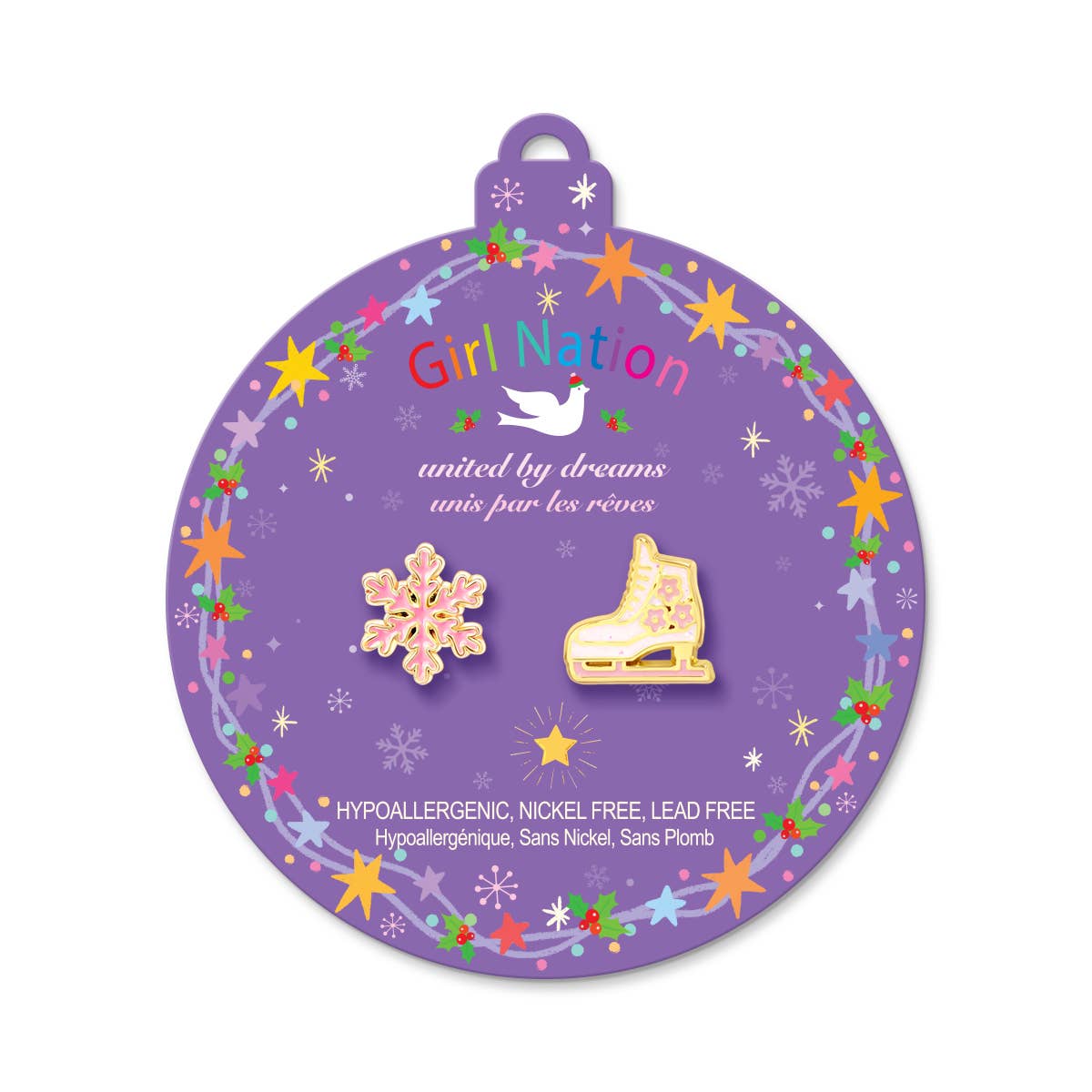 Seaside Custom Apparel & Gifts holiday earrings featuring a gold snowflake and ice skate on a purple ornament card.