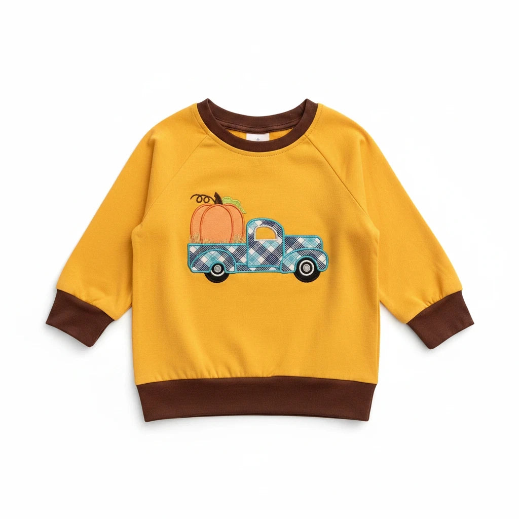Seaside Custom Apparel & Gifts mustard yellow long sleeve shirt with a vintage plaid truck and pumpkin graphic.