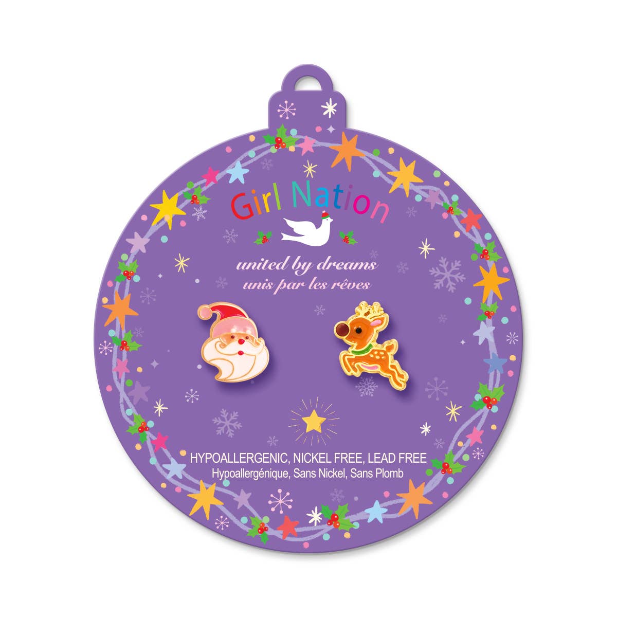 Seaside Custom Apparel & Gifts Santa and reindeer enamel stud earrings on a festive purple holiday ornament card