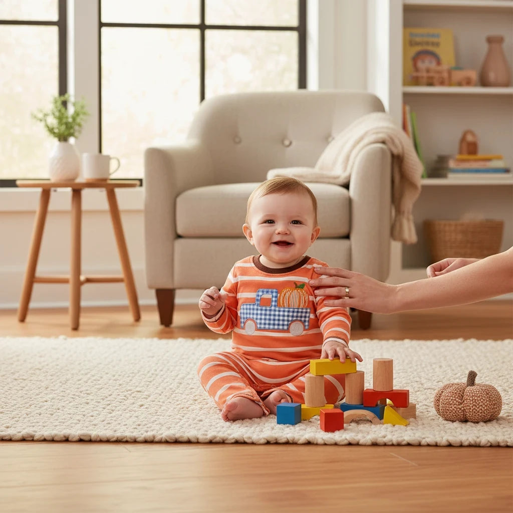 Seaside Custom Apparel & Gifts infant romper with orange stripes and a blue gingham truck pumpkin embroidery