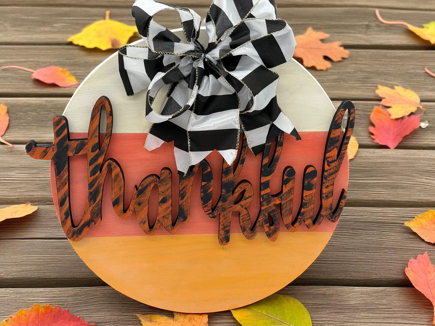 “Thankful” Fall Plaque – Seasonal Wood 15" Round Decor with Bow **Local Pickup in Holly Ridge, NC Only**