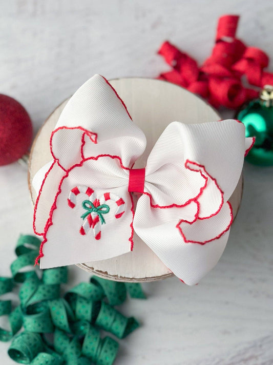 Candy Cane Embroidered Hair Bow Clip