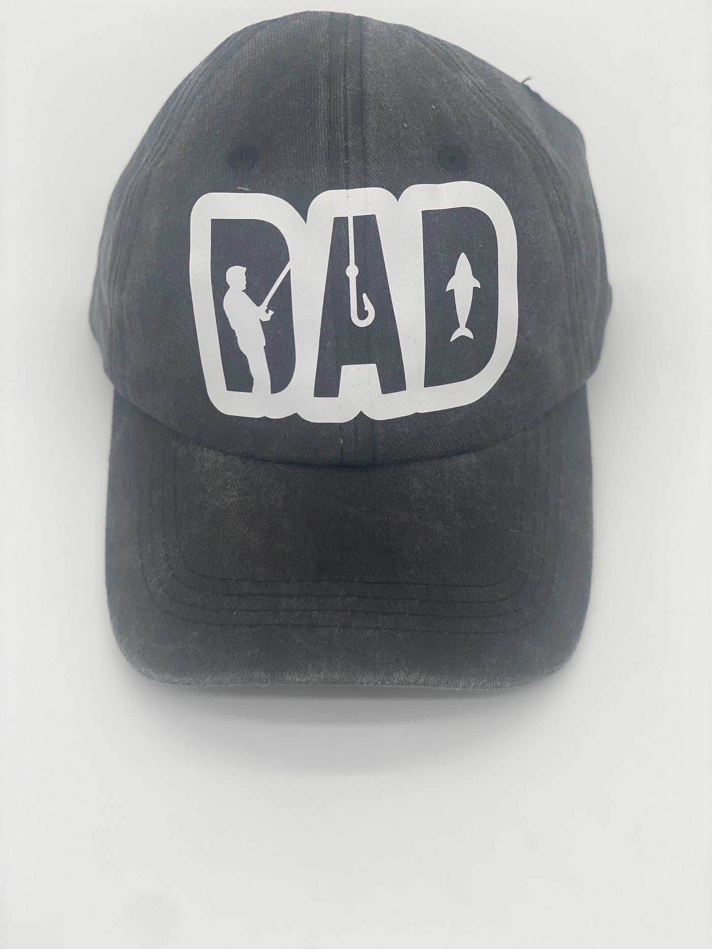 Black trucker dad hat with breathable cotton, perfect for fishing enthusiasts and outdoor adventurers. Casual front shot showcasing HTV fishing-themed design, lightweight and comfortable for everyday wear.