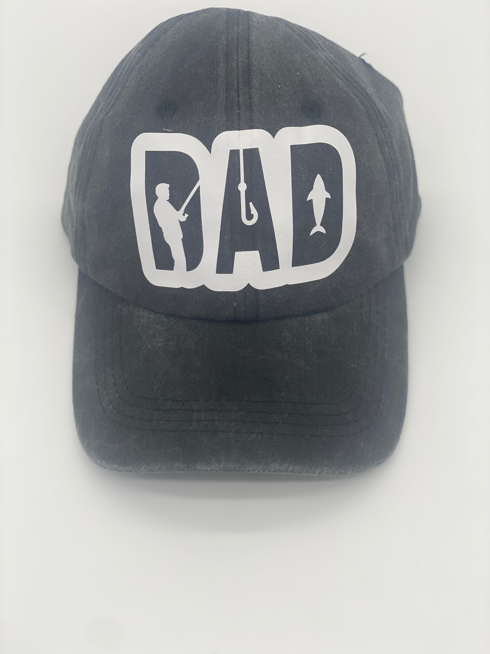 Black trucker dad hat with breathable cotton, perfect for fishing enthusiasts and outdoor adventurers. Casual front shot showcasing HTV fishing-themed design, lightweight and comfortable for everyday wear.