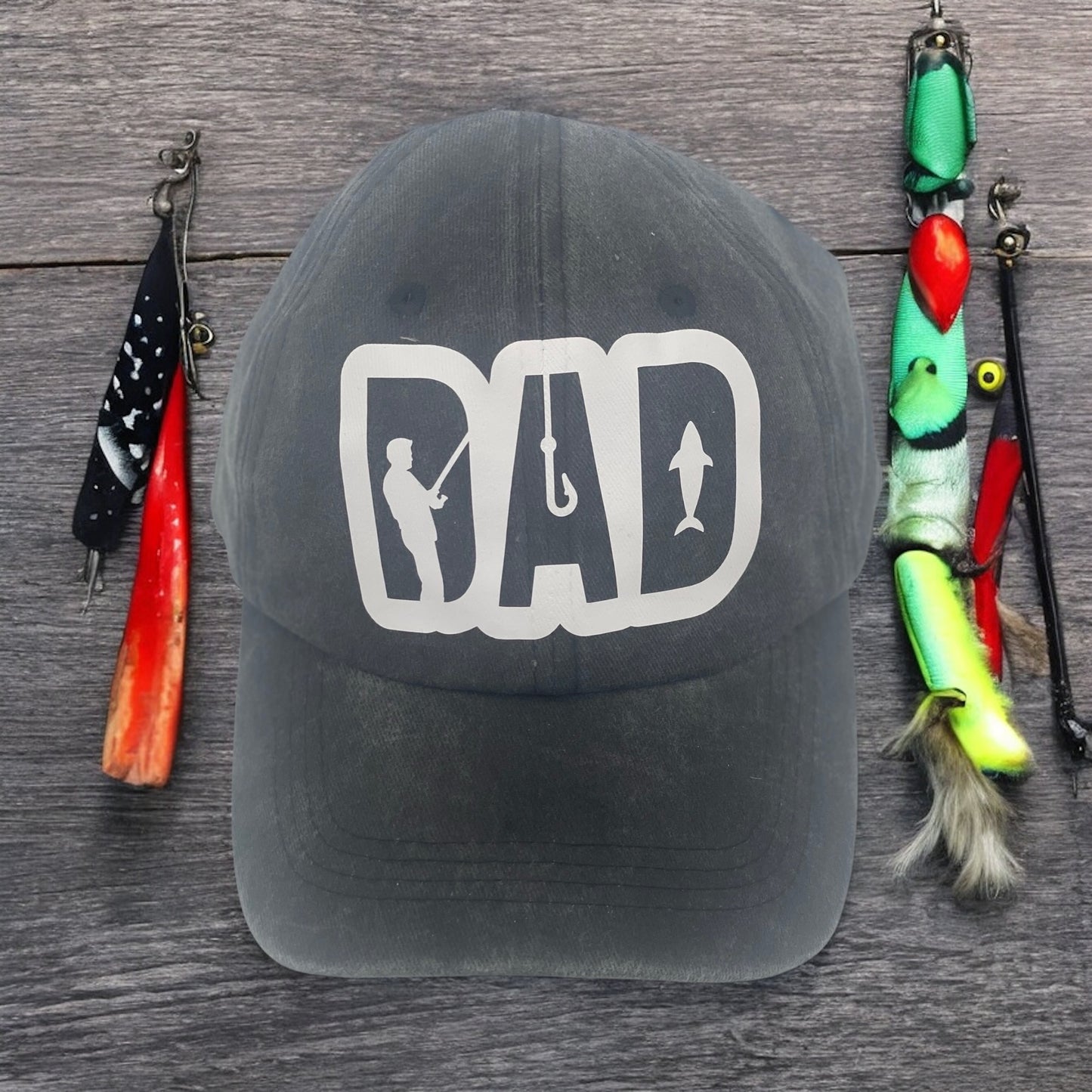 Black trucker dad hat with breathable cotton, perfect for fishing enthusiasts and outdoor adventurers. Casual lifestyle shot showcasing HTV fishing-themed design, lightweight and comfortable for everyday wear.