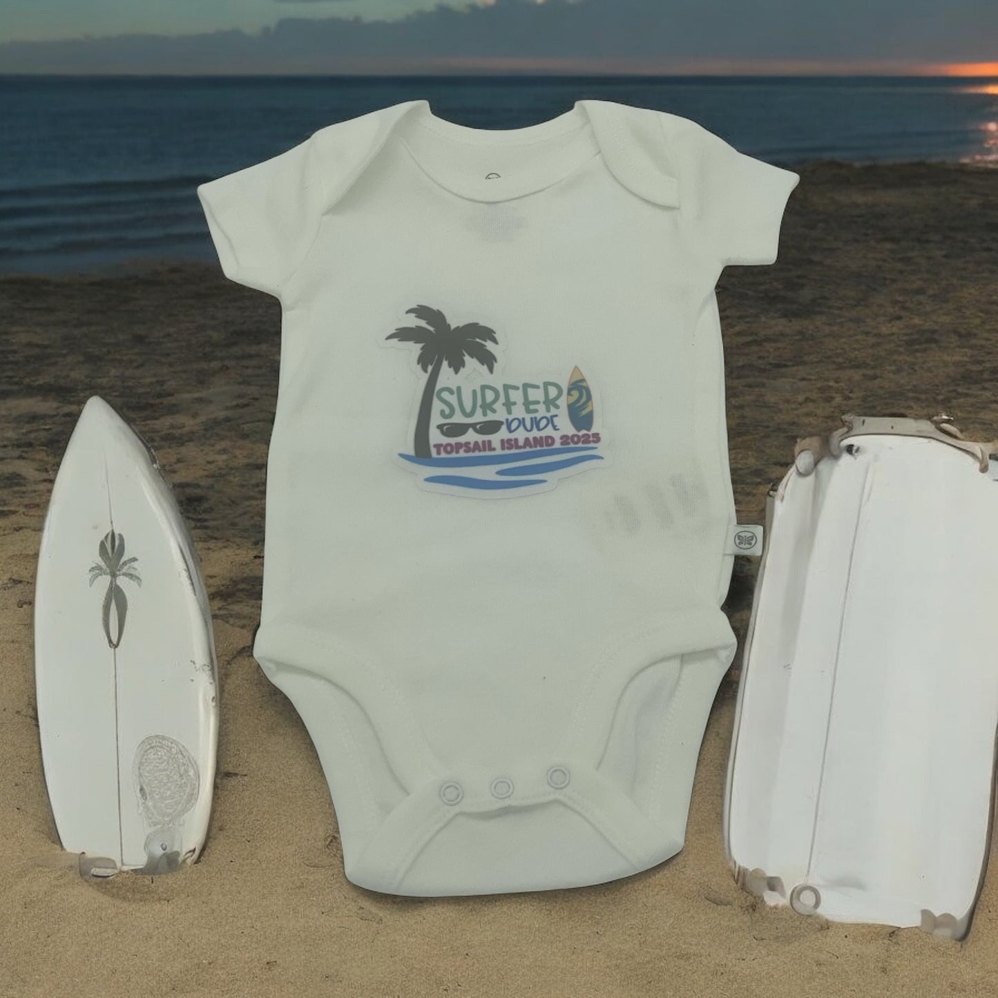 Surfer Dude Onesie – Topsail Beach 2025 Edition | Size: Newborn 🌊🏄‍♂️