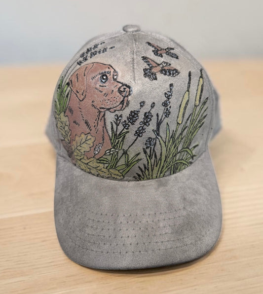 Hand-Burned & Hand-Painted Fall Lab Hunting Vegan Suede Solid-Back Snapback Hat
