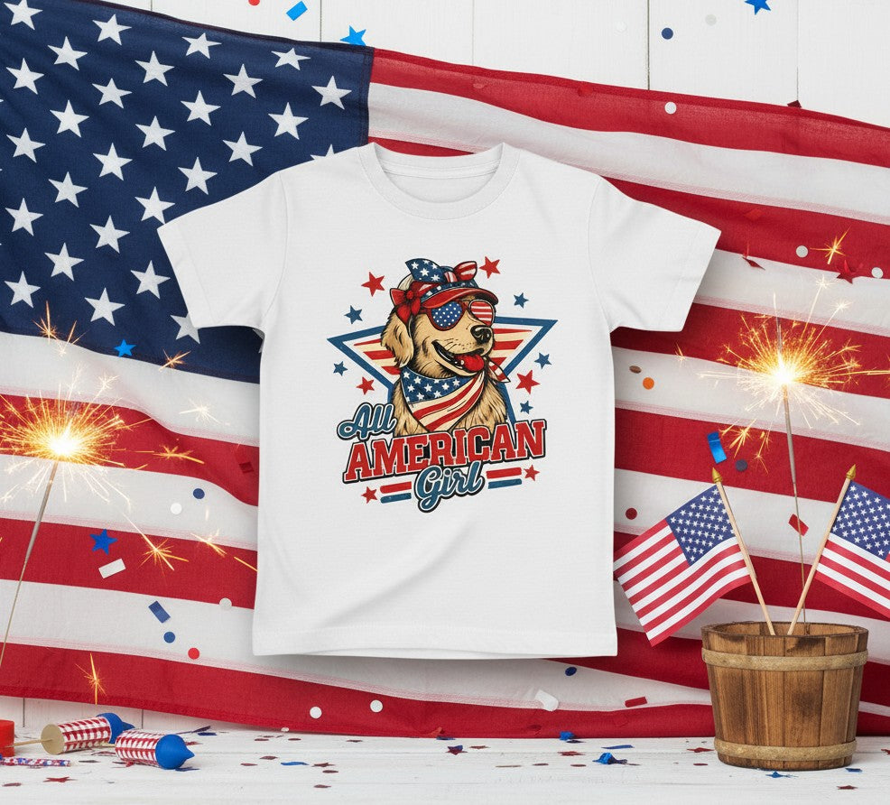 All American Dog T‑Shirt | Patriotic Kids Shirt | Boy & Girl Designs