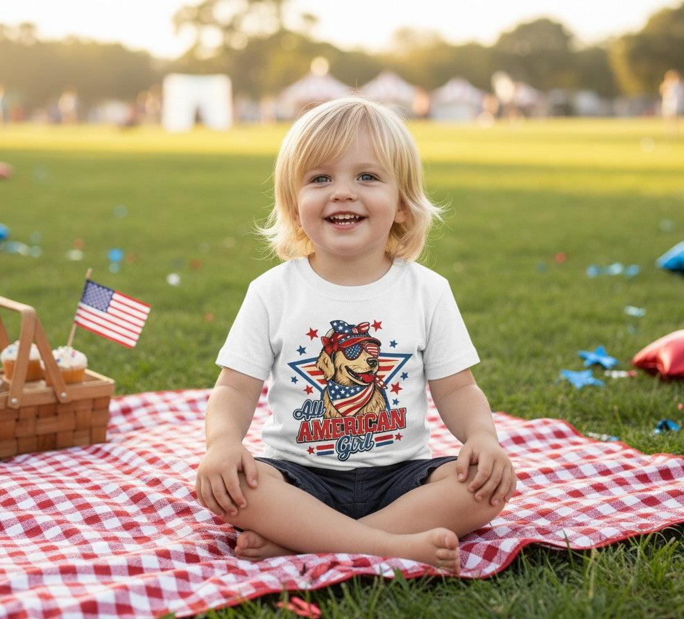 All American Dog T‑Shirt | Patriotic Kids Shirt | Boy & Girl Designs