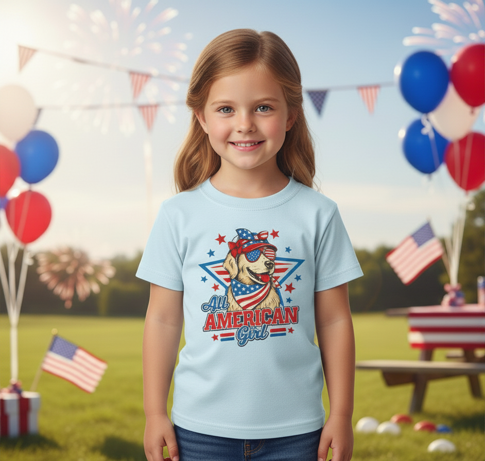 All American Dog T‑Shirt | Patriotic Kids Shirt | Boy & Girl Designs