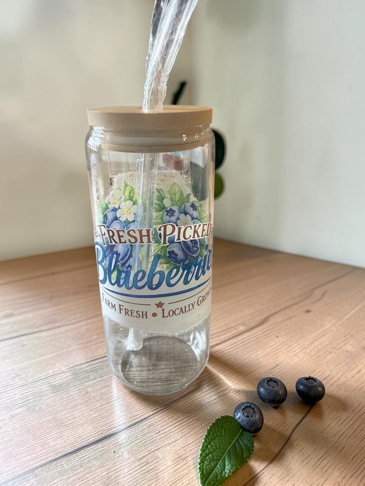 Farm Fresh Blueberry Design 20oz Glass Tumbler with Bamboo Lid & Glass Straw