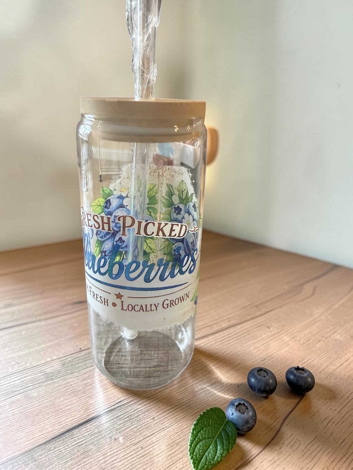 Farm Fresh Blueberry Design 20oz Glass Tumbler with Bamboo Lid & Glass Straw