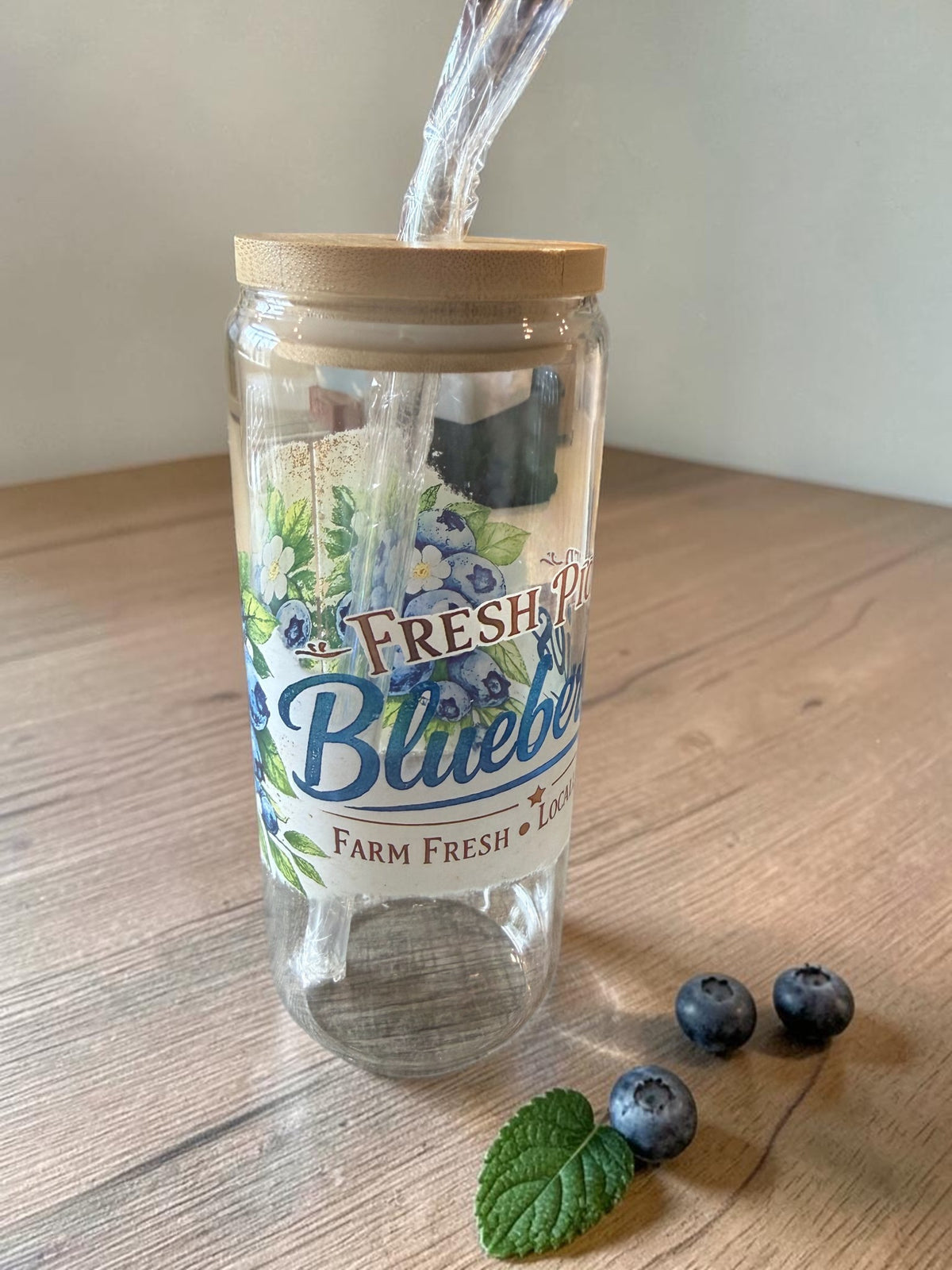 Farm Fresh Blueberry Design 20oz Glass Tumbler with Bamboo Lid & Glass Straw