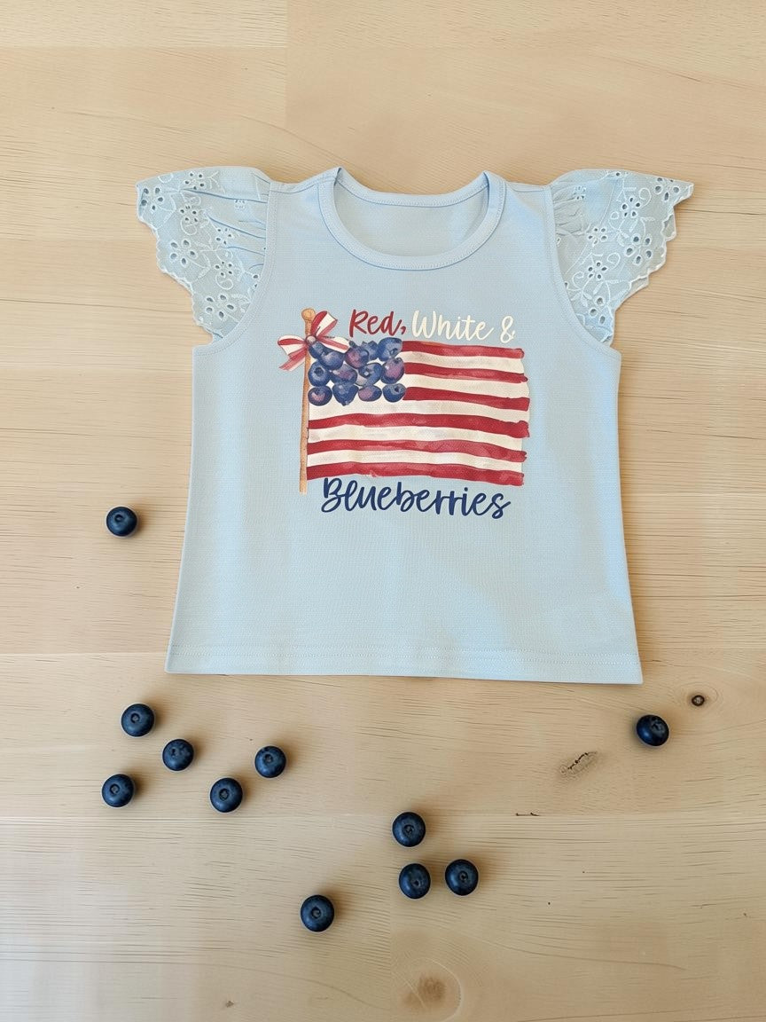 Red, White & Blueberries Kids Ruffle Sleeve Shirt (Light Blue) – Manually Distressed Design