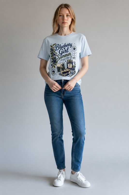Women's Graphic Tee – Blueberry Girl Summer Social Club in Light Blue Hydrangea