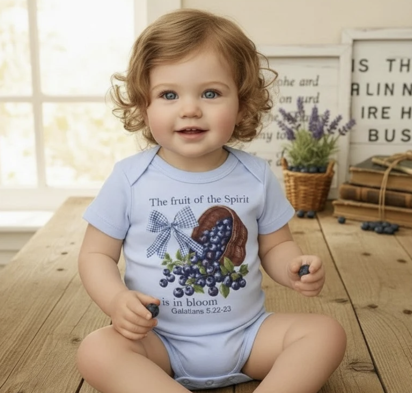 The Fruit of the Spirit Basket Short Sleeve Onesie (Light Blue)