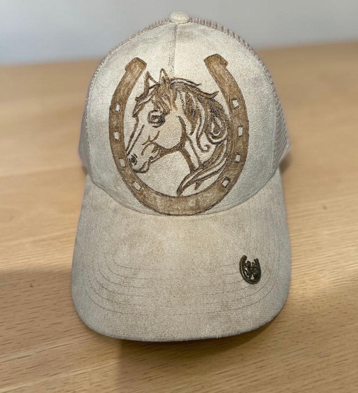 Hand-Burned Horse & Horseshoe Vegan Suede Mesh-Back Snapback Hat