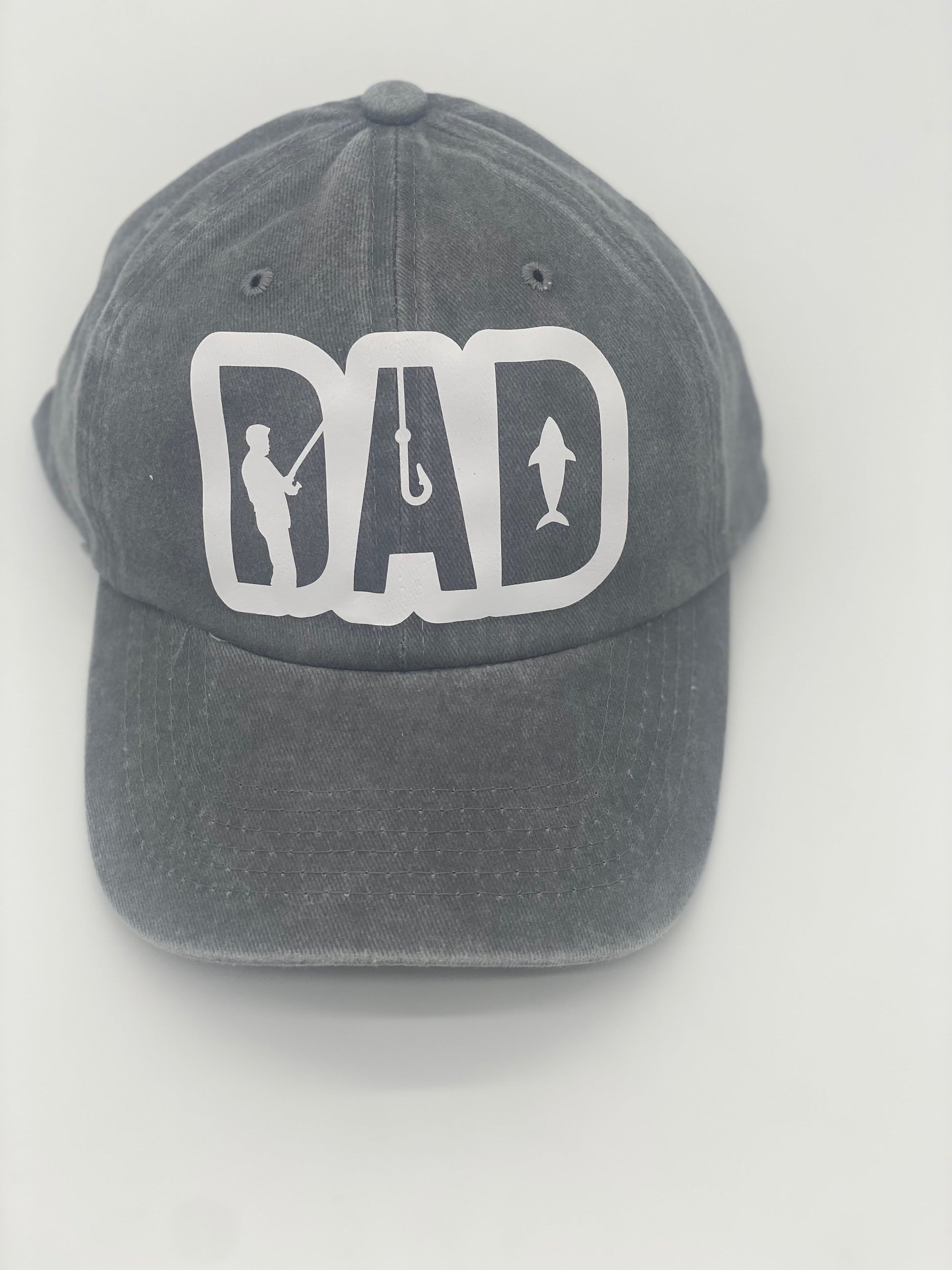 Gray trucker dad hat with breathable cotton, perfect for fishing enthusiasts and outdoor adventurers. Casual front shot showcasing HTV fishing-themed design, lightweight and comfortable for everyday wear.