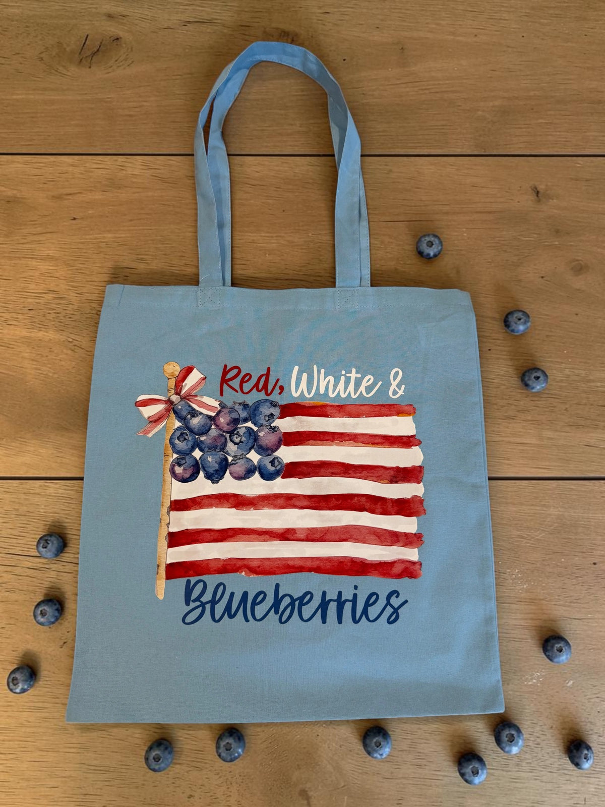 Red White and Blueberries Cotton Tote Bag (Light Blue)