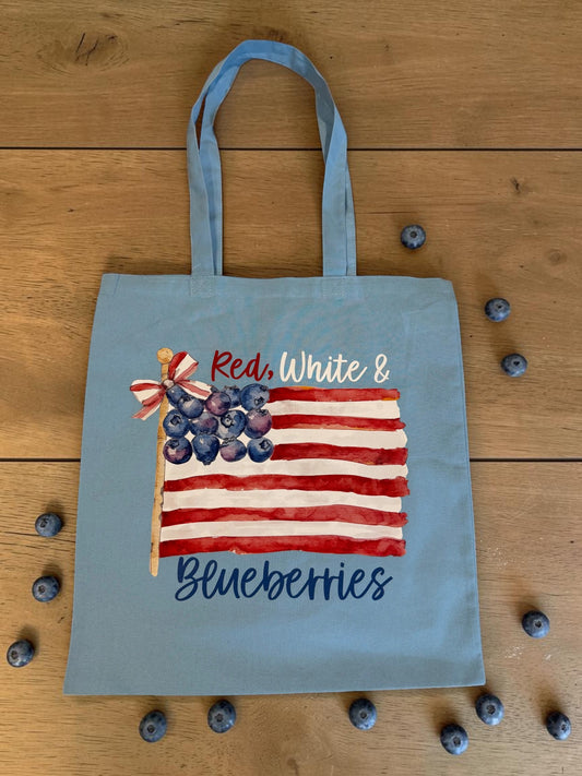 Red White and Blueberries Cotton Tote Bag (Light Blue)
