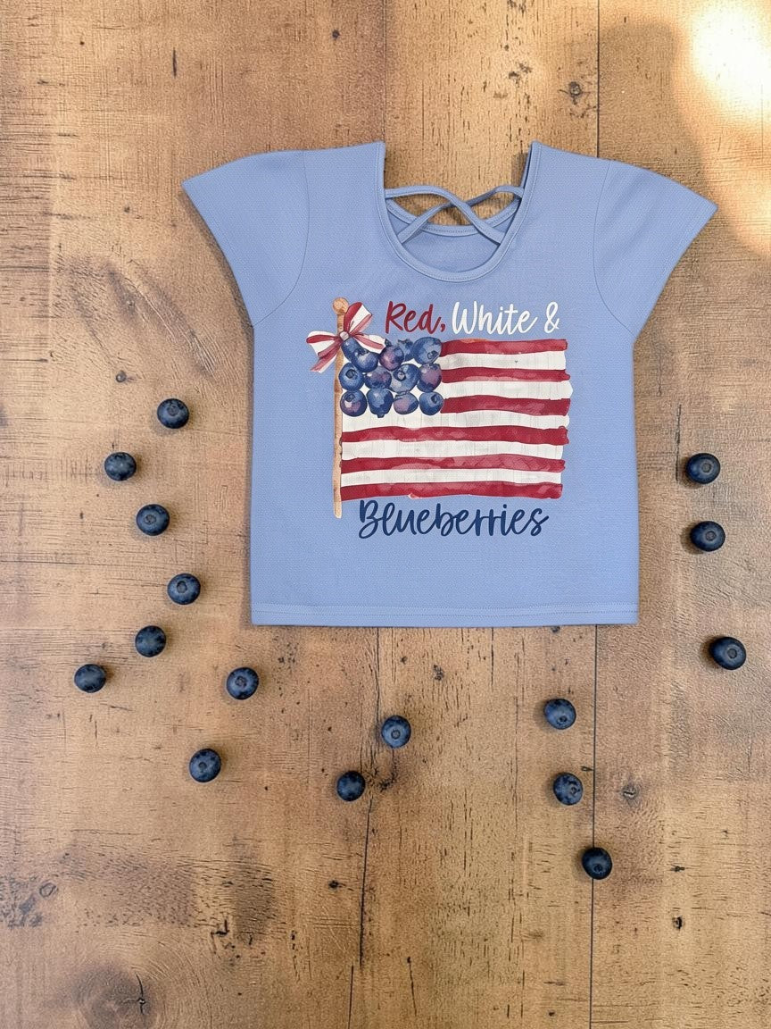 Red, White & Blueberries Kids Ruffle Sleeve Crossback Shirt (Medium Blue) – Manually Distressed Design