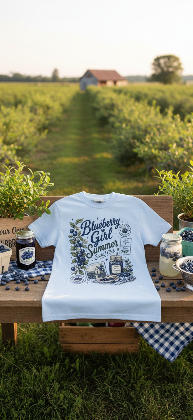 Women's Graphic Tee – Blueberry Girl Summer Social Club in Light Blue Hydrangea