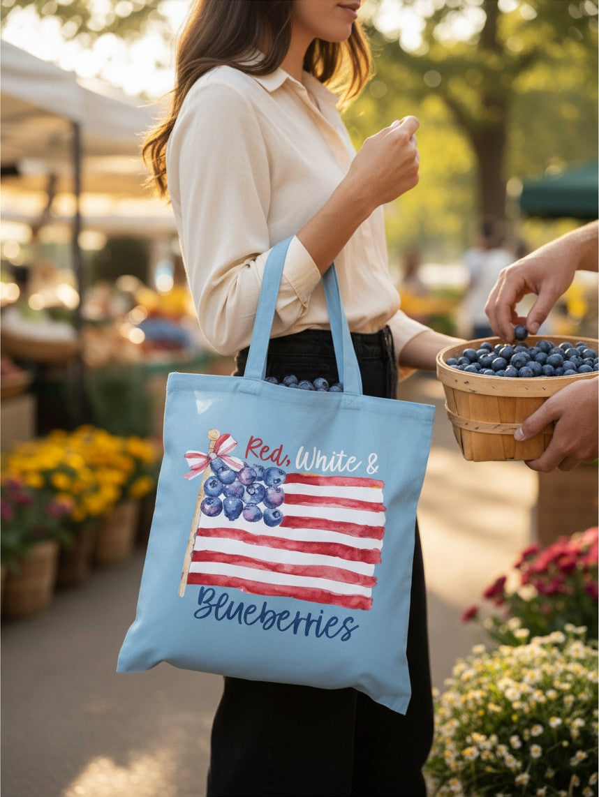 Red White and Blueberries Cotton Tote Bag (Light Blue)