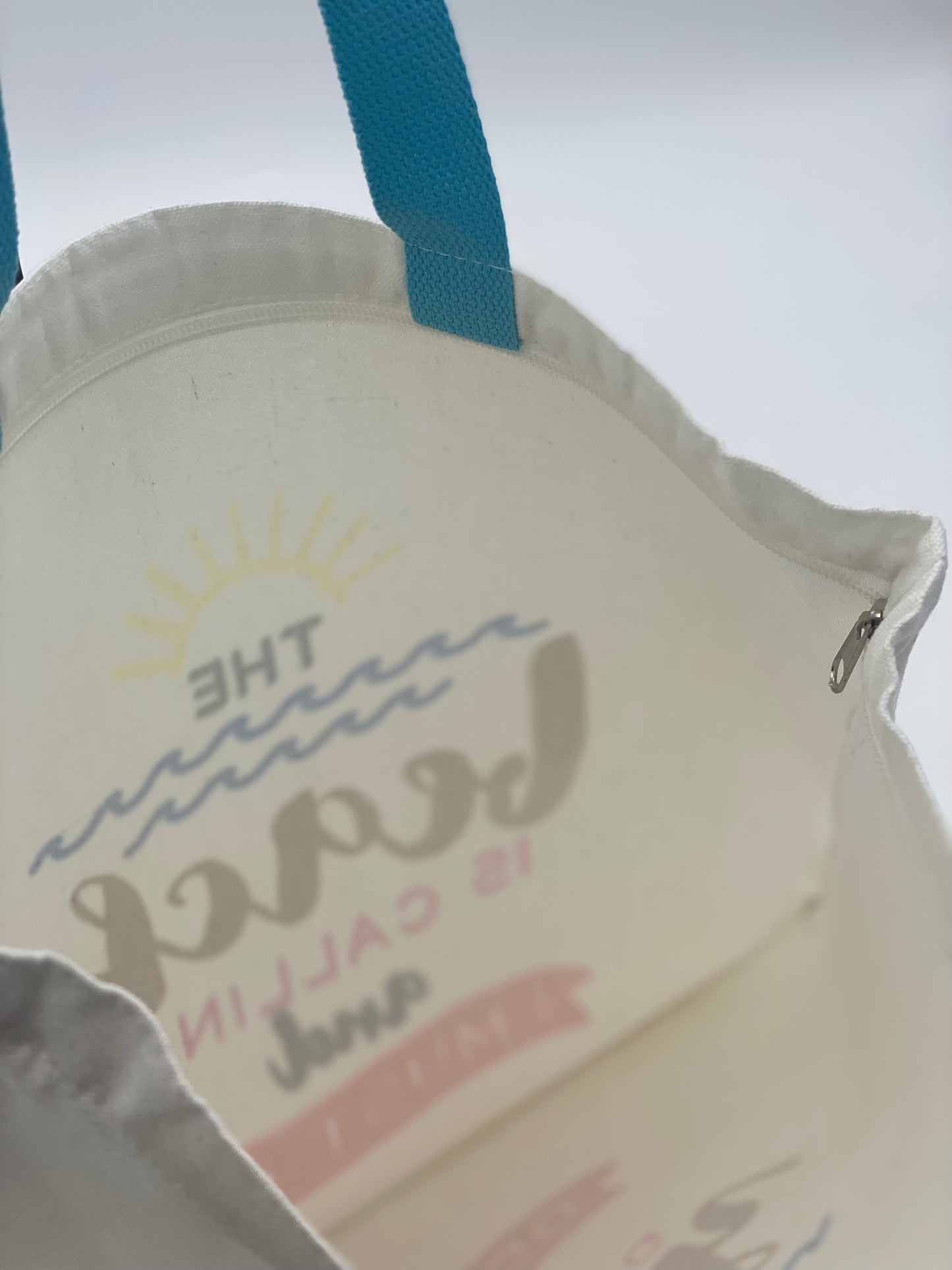 Close up of inside of zippered bag.