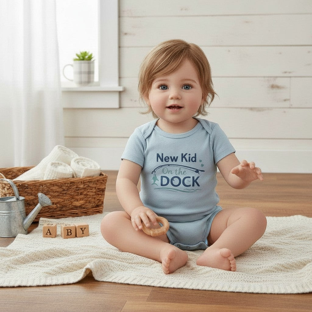 Seaside Custom Apparel & Gifts baby wearing a light blue cotton onesie with New Kid On The Dock print on a rug