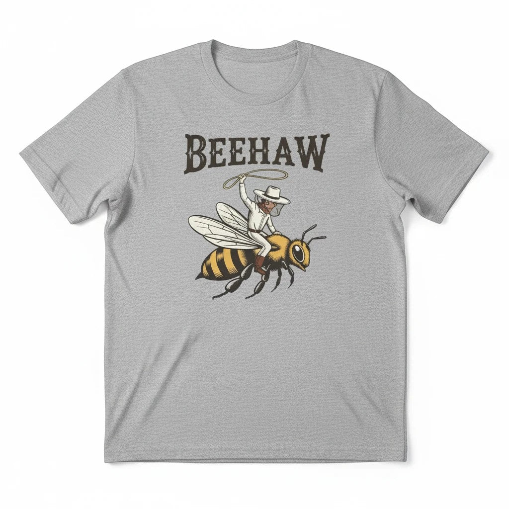 Seaside Custom Apparel & Gifts heather gray crewneck t-shirt with a cowboy riding a honeybee graphic print