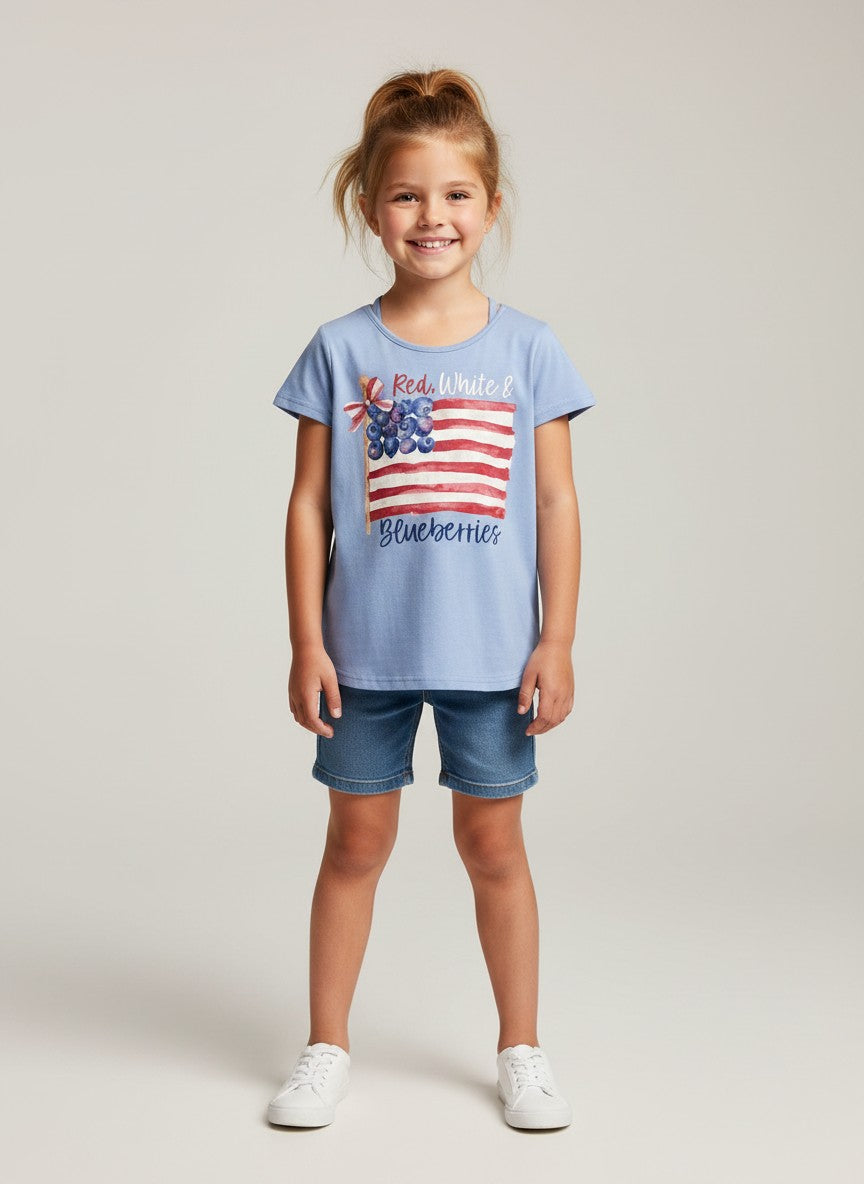 Seaside Custom Apparel & Gifts kids blue shirt with Red, White & Blueberries patriotic graphic and ruffle sleeves