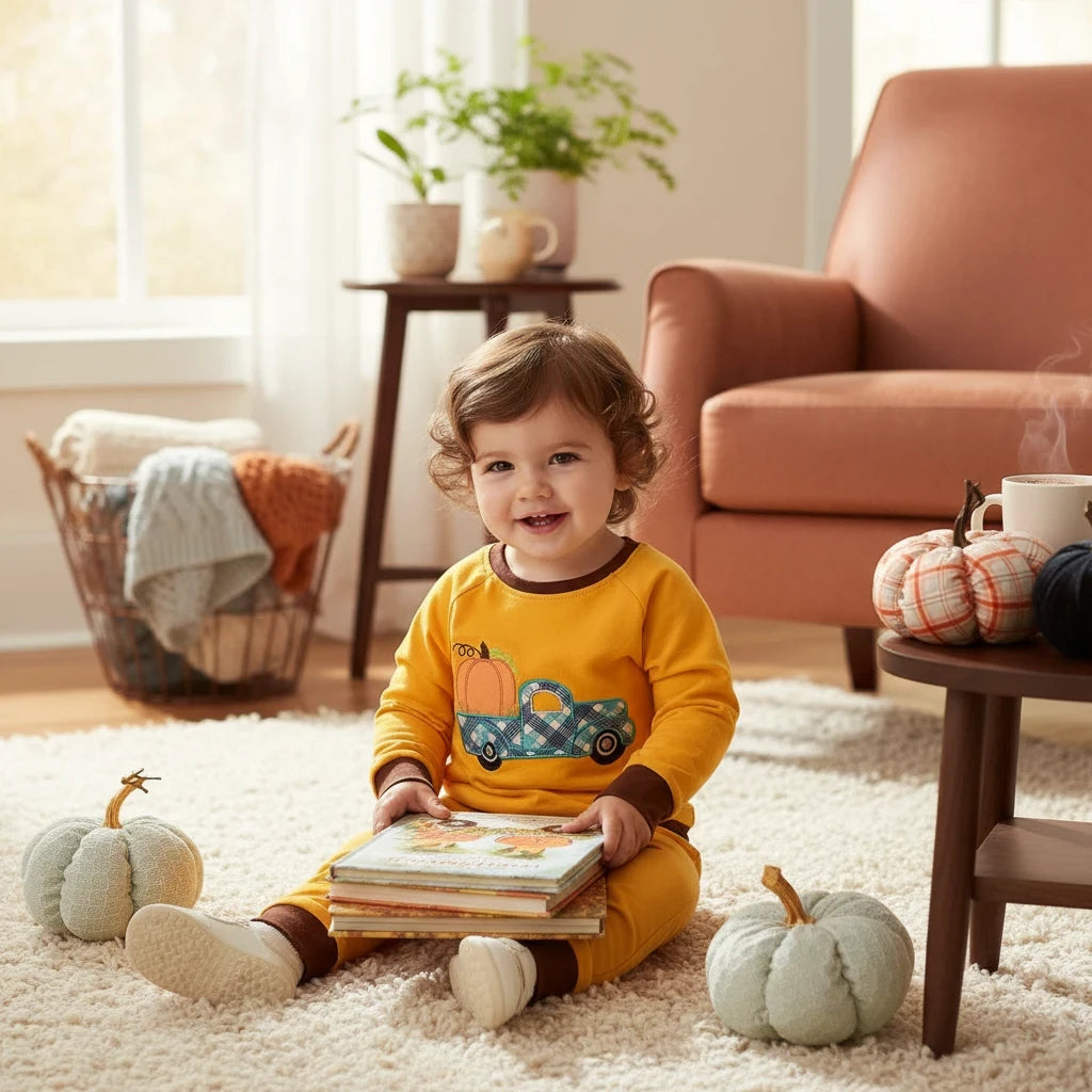 Toddler boy wearing a Seaside Custom Apparel & Gifts mustard yellow long sleeve shirt with a plaid truck and pumpkin
