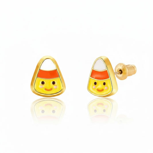 Seaside Custom Apparel & Gifts candy corn stud earrings with hand-painted enamel faces for girls