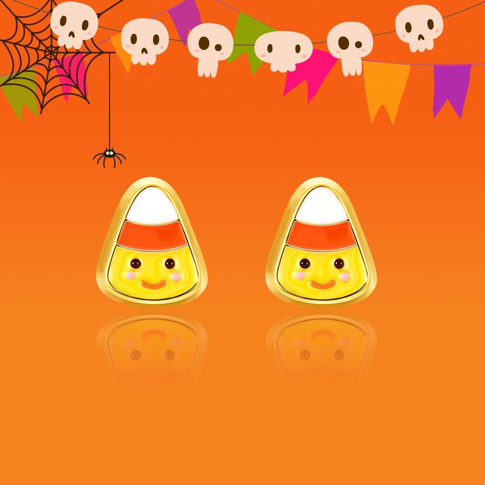 Seaside Custom Apparel & Gifts candy corn stud earrings with hand-painted enamel on a festive Halloween background.