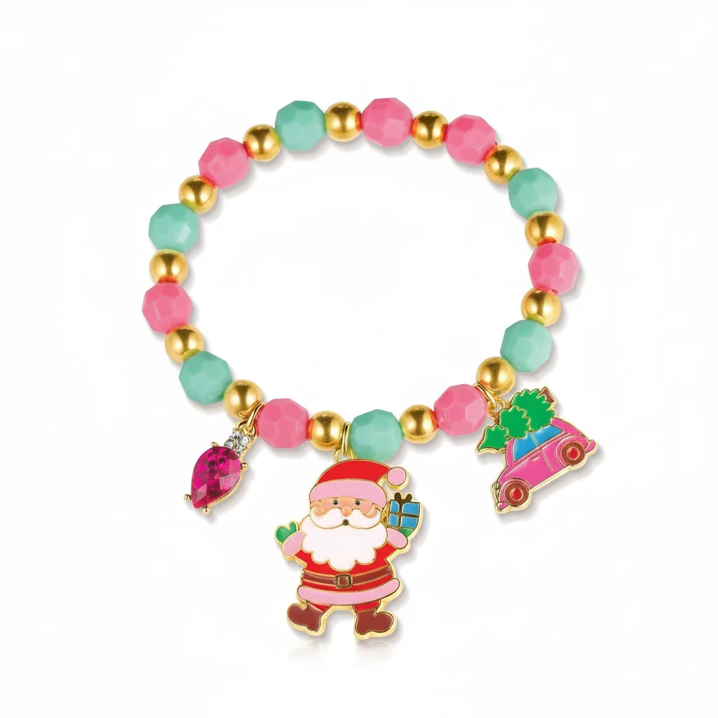 Seaside Custom Apparel & Gifts Christmas Cheer bracelet with pink, green, and gold beads and festive holiday charms.