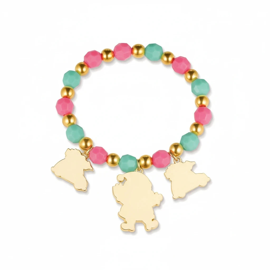 Seaside Custom Apparel & Gifts Christmas Cheer bracelet with pink, green, and gold beads and festive holiday charms.
