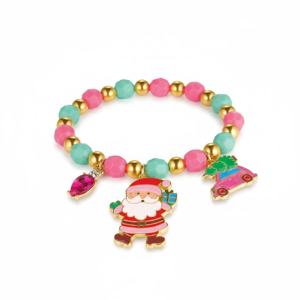Seaside Custom Apparel & Gifts Christmas Cheer bracelet with pink, green, and gold beads and festive holiday charms.