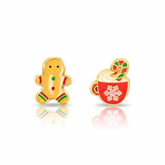 Seaside Custom Apparel & Gifts gingerbread man and hot cocoa enamel stud earrings for kids