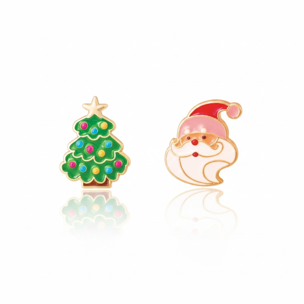Seaside Custom Apparel & Gifts Christmas tree and Santa Claus enamel stud earrings for kids with surgical steel posts.