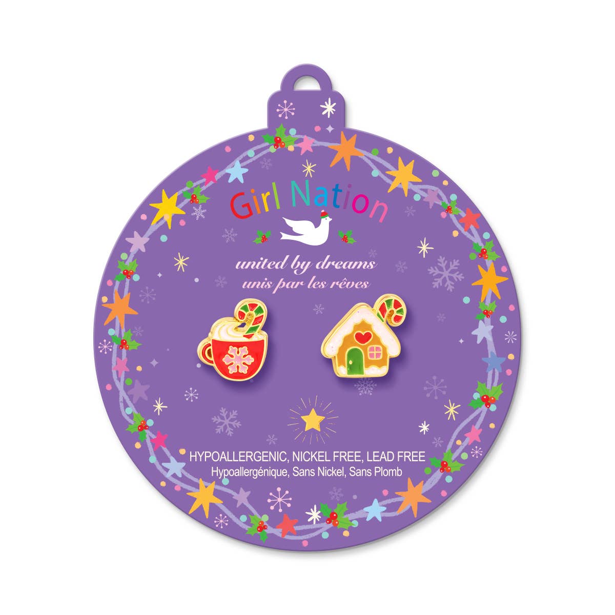 Seaside Custom Apparel & Gifts holiday earrings featuring a gingerbread house and hot cocoa on a purple ornament card
