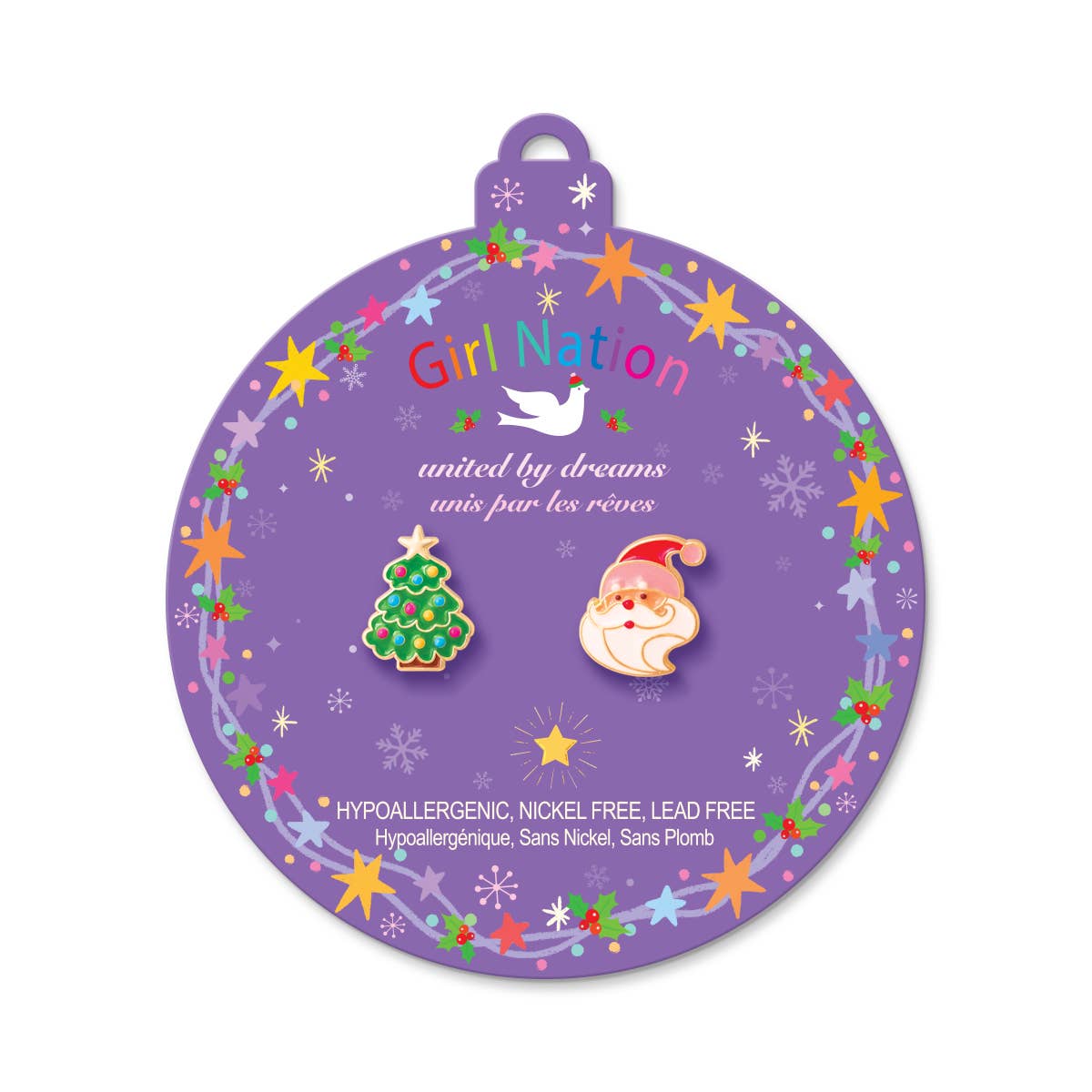 Seaside Custom Apparel & Gifts Christmas tree and Santa enamel earrings for kids on a festive ornament display card