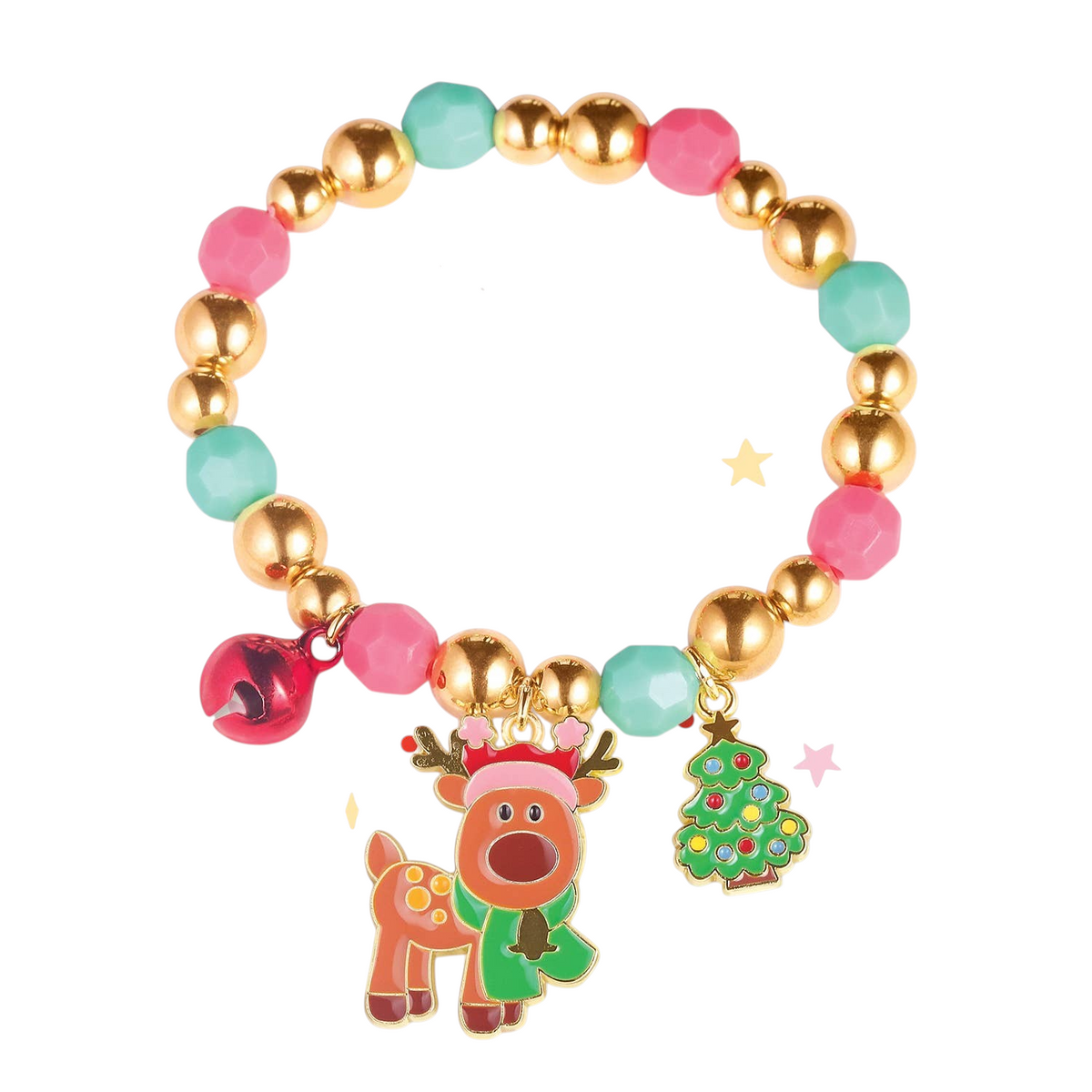 Seaside Custom Apparel & Gifts festive bracelet with pink, green, and gold beads, reindeer, tree, and jingle bell charms