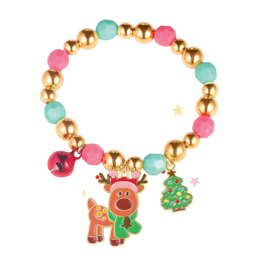 Seaside Custom Apparel & Gifts festive bracelet with pink, green, and gold beads, reindeer, tree, and jingle bell charms